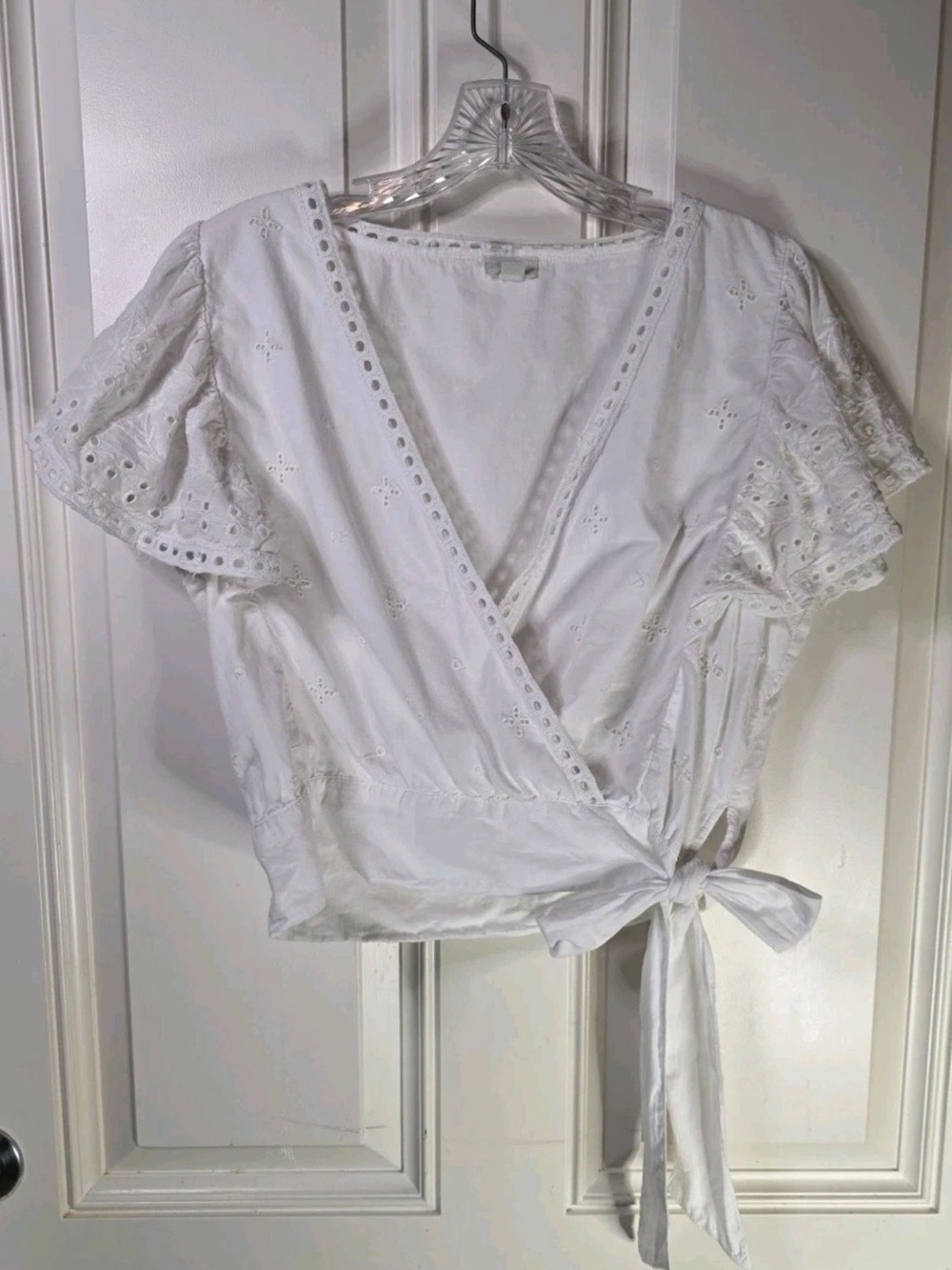 White Eyelet Wrap Blouse with Tie Waist
